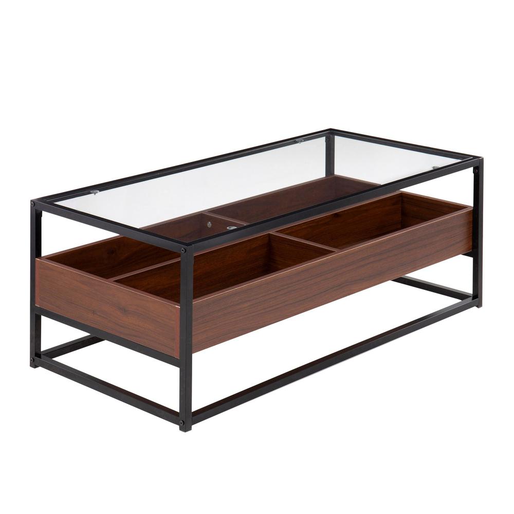 Black Steel, Walnut Wood, Clear Glass Display Coffee Table. Picture 1