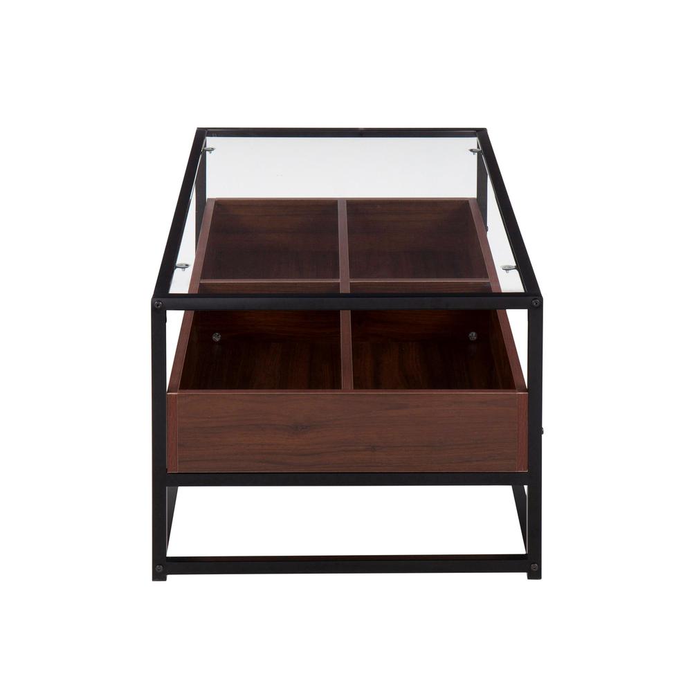 Black Steel, Walnut Wood, Clear Glass Display Coffee Table. Picture 2