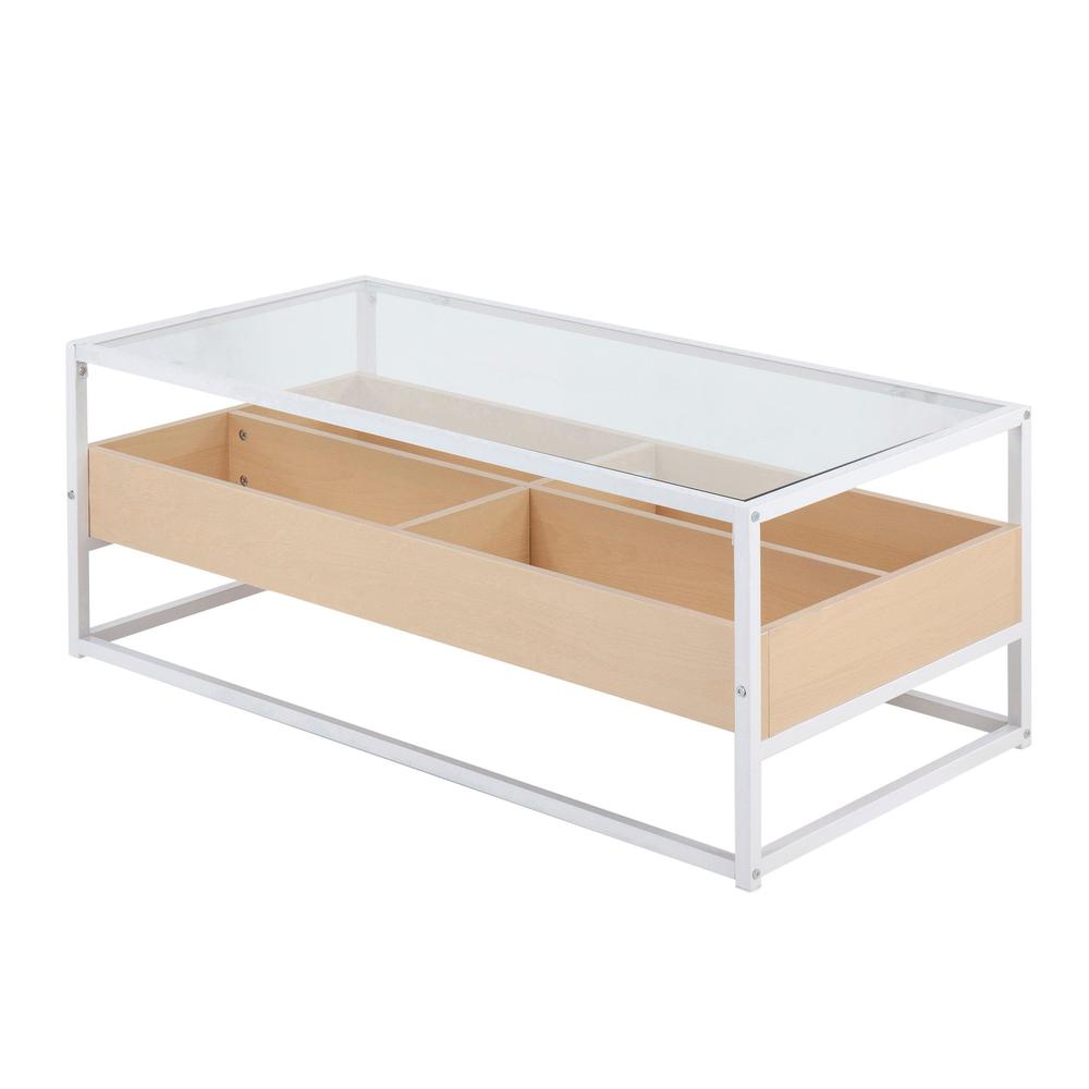 White Steel, Natural Wood, Clear Glass Display Coffee Table. Picture 3