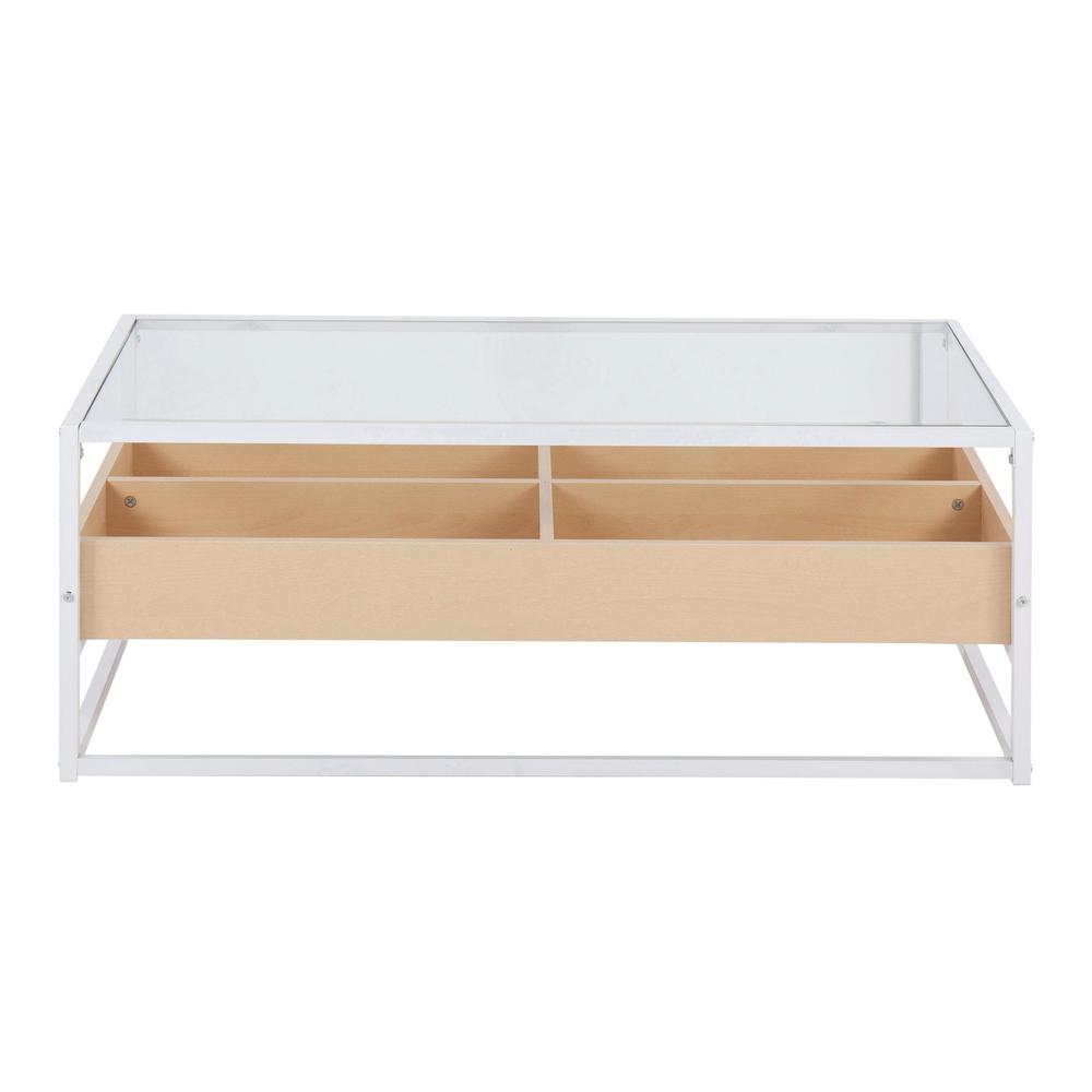 White Steel, Natural Wood, Clear Glass Display Coffee Table. Picture 4