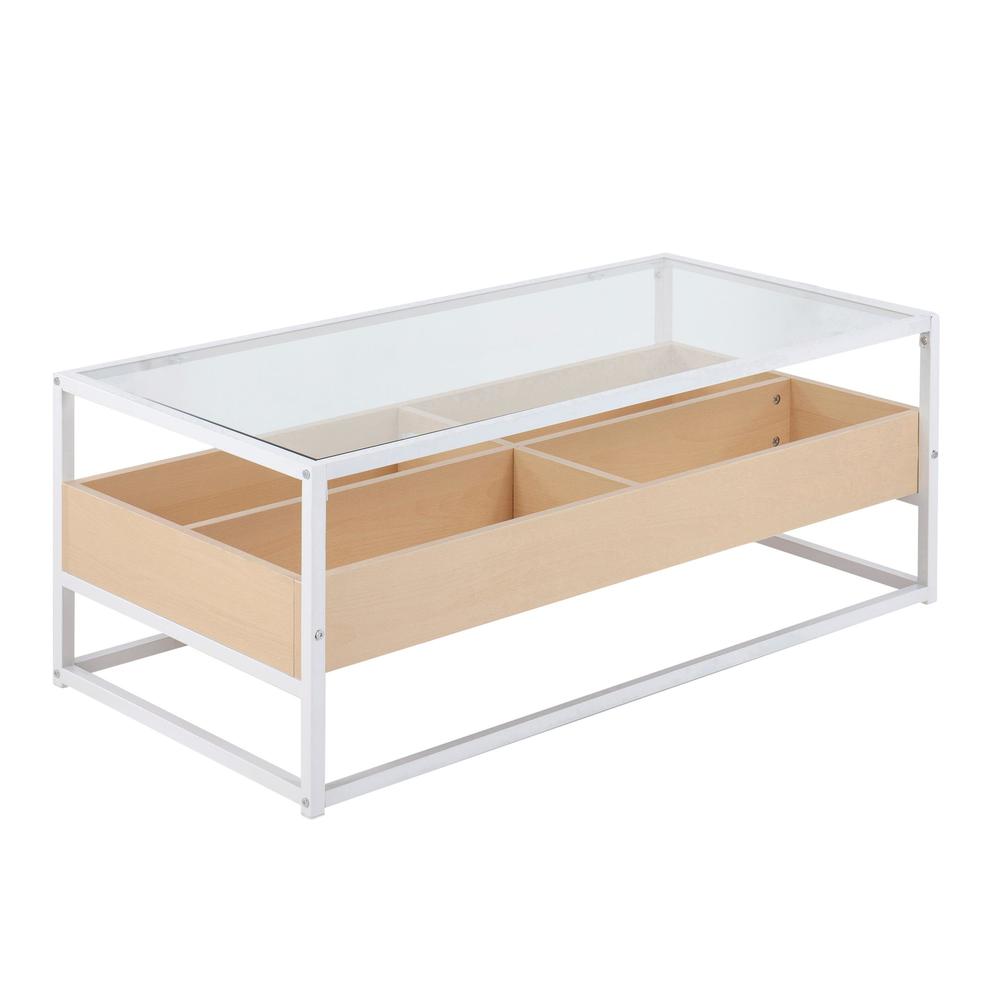 White Steel, Natural Wood, Clear Glass Display Coffee Table. Picture 1