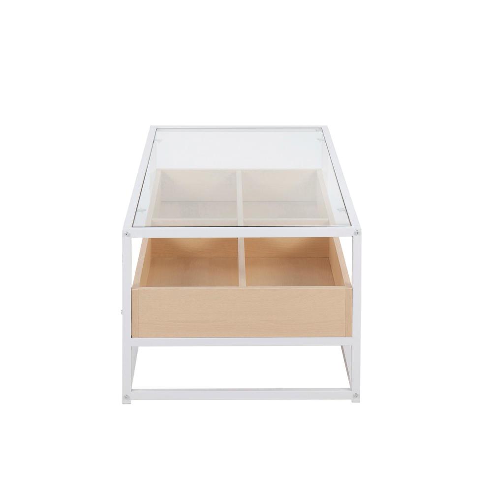 White Steel, Natural Wood, Clear Glass Display Coffee Table. Picture 2