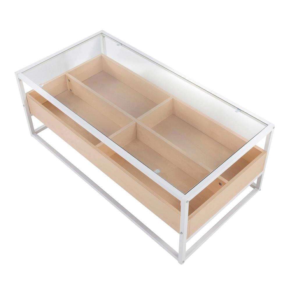 White Steel, Natural Wood, Clear Glass Display Coffee Table. Picture 5