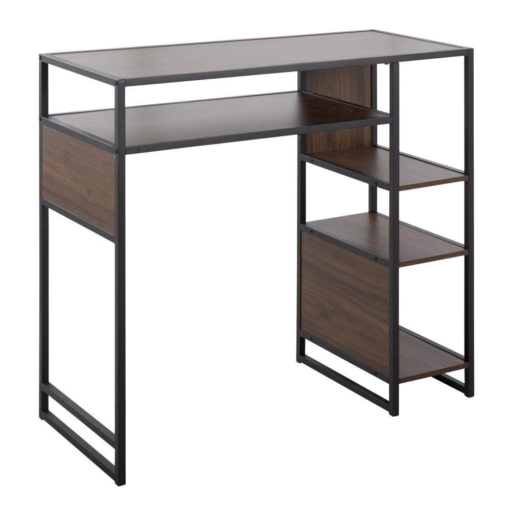 Black Metal, Walnut Wood Display Bar Height Table With Storage. Picture 1