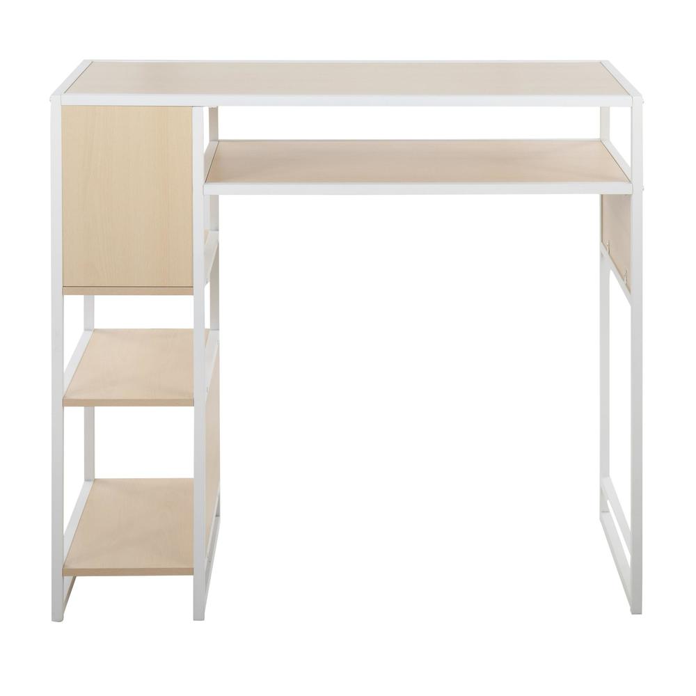 White Metal, Natural Wood Display Bar Height Table With Storage. Picture 4