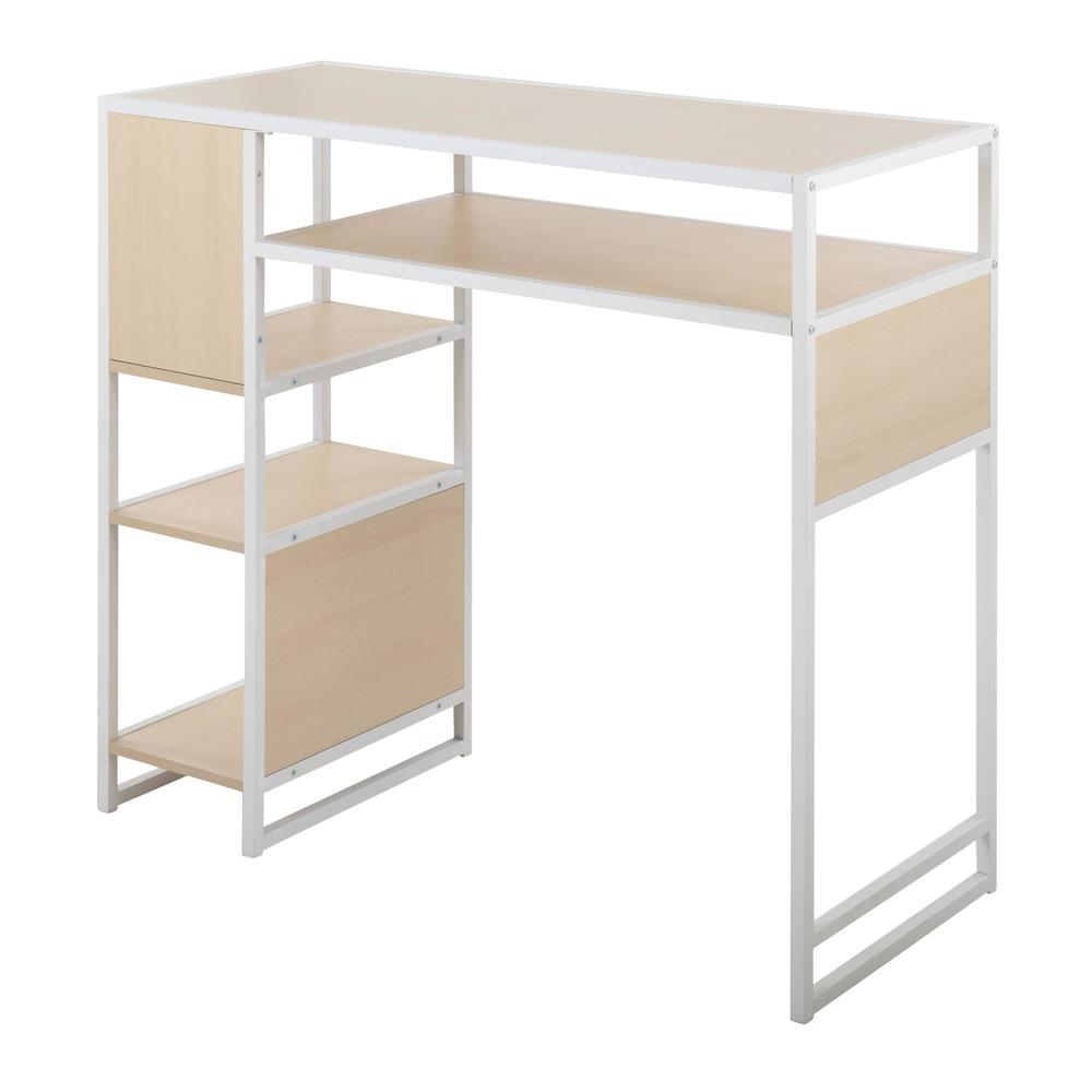 White Metal, Natural Wood Display Bar Height Table With Storage. Picture 3