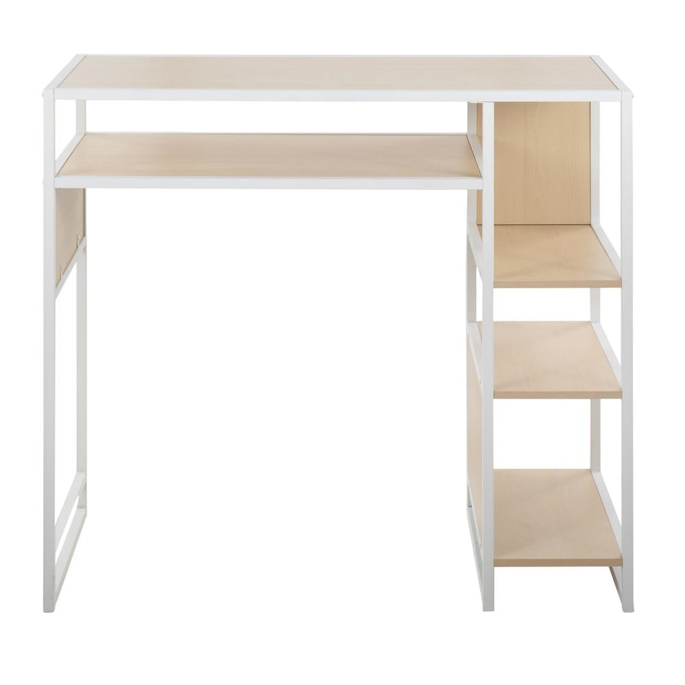 White Metal, Natural Wood Display Bar Height Table With Storage. Picture 5