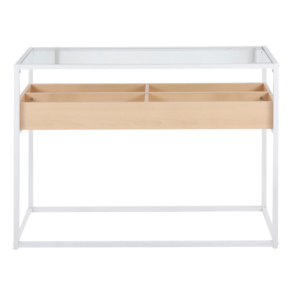 White Steel, Natural Wood, Clear Glass Display Console Table. Picture 4