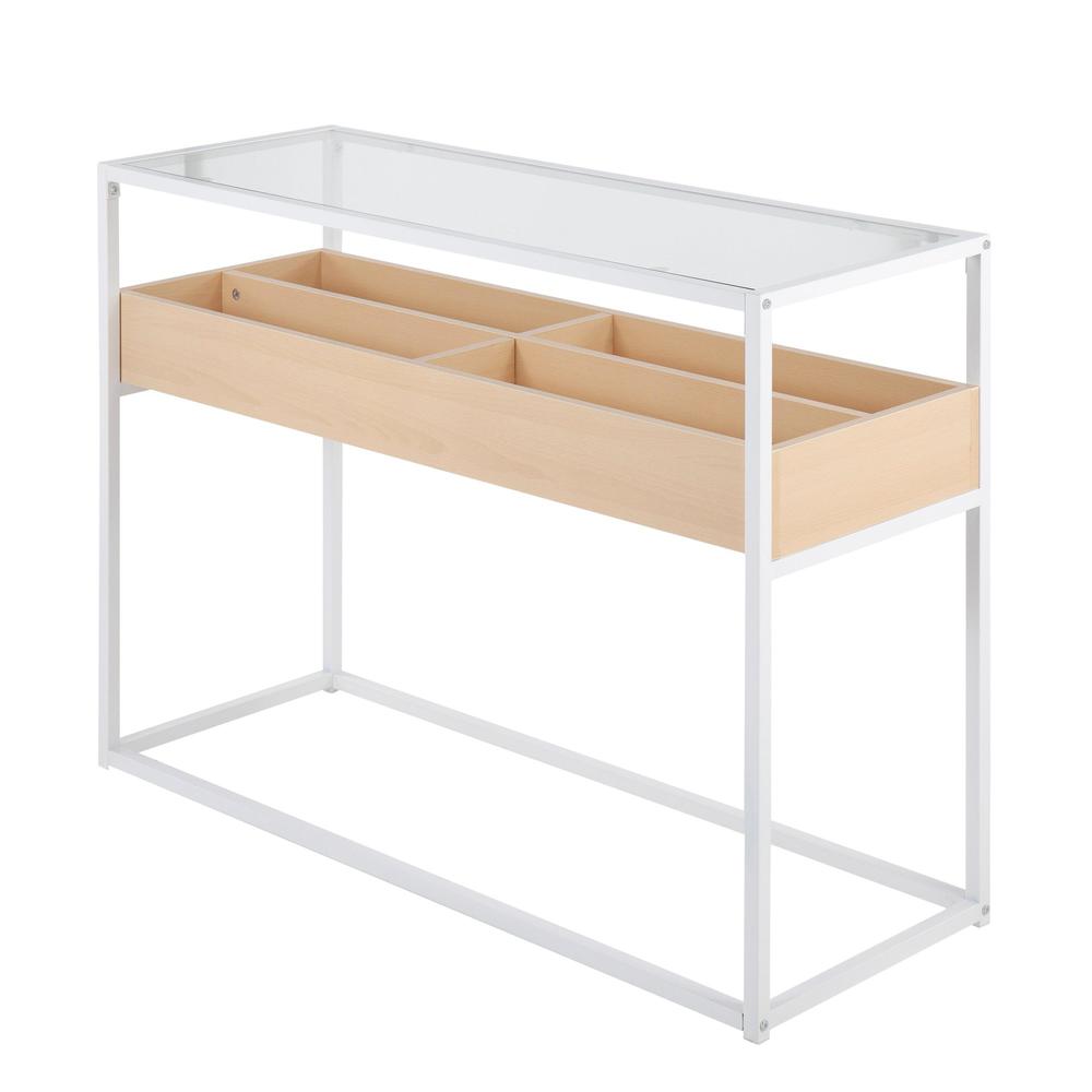 White Steel, Natural Wood, Clear Glass Display Console Table. Picture 3