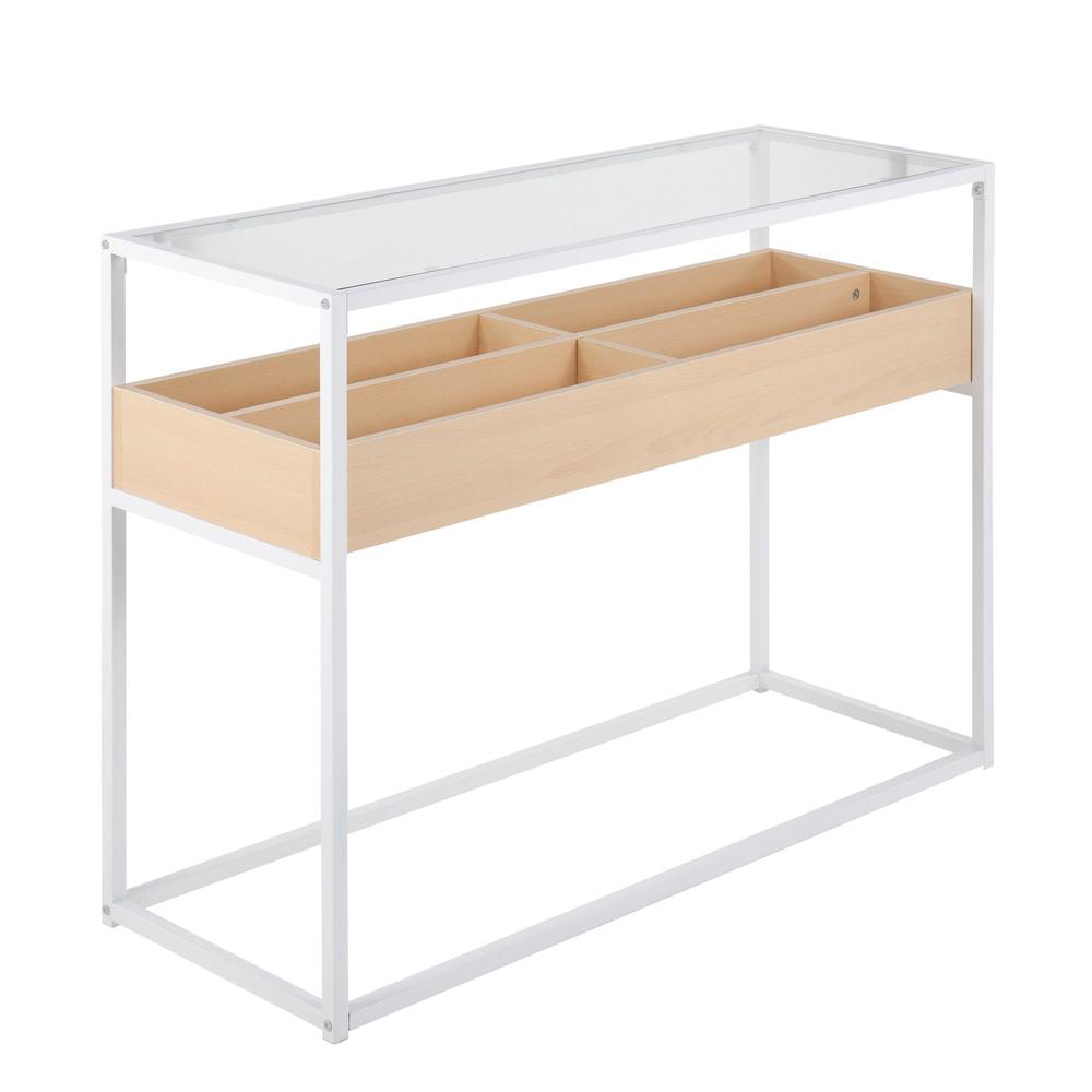 White Steel, Natural Wood, Clear Glass Display Console Table. Picture 1