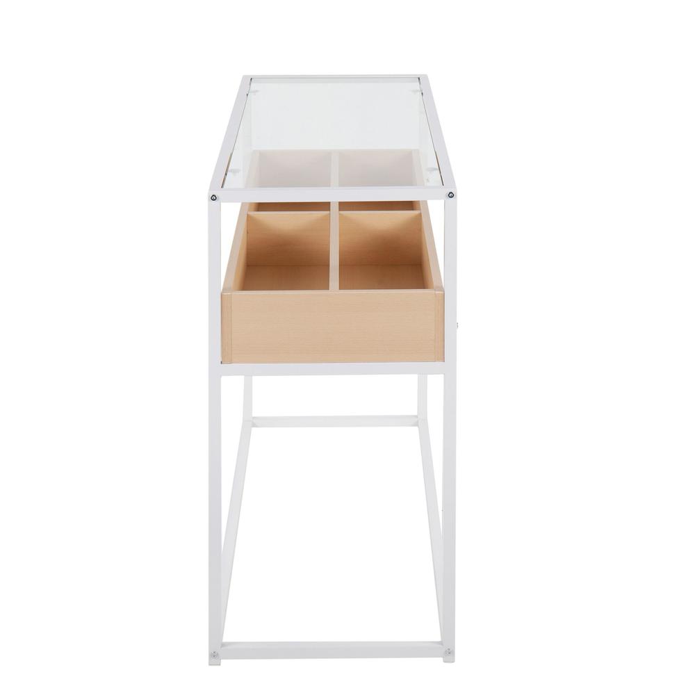 White Steel, Natural Wood, Clear Glass Display Console Table. Picture 2