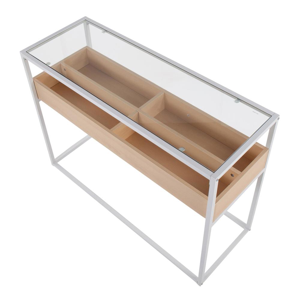 White Steel, Natural Wood, Clear Glass Display Console Table. Picture 5