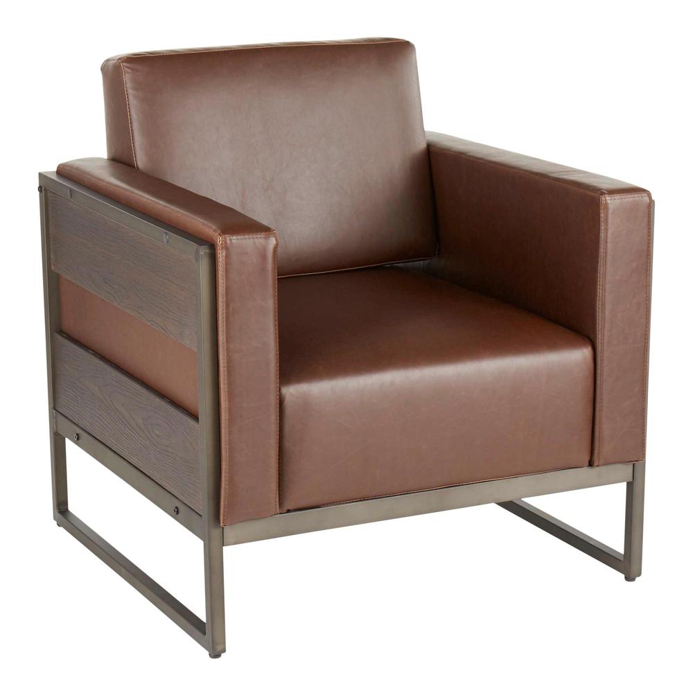 Antique Metal, Espresso Wood, Brown PU Drift Lounge Chair. Picture 1
