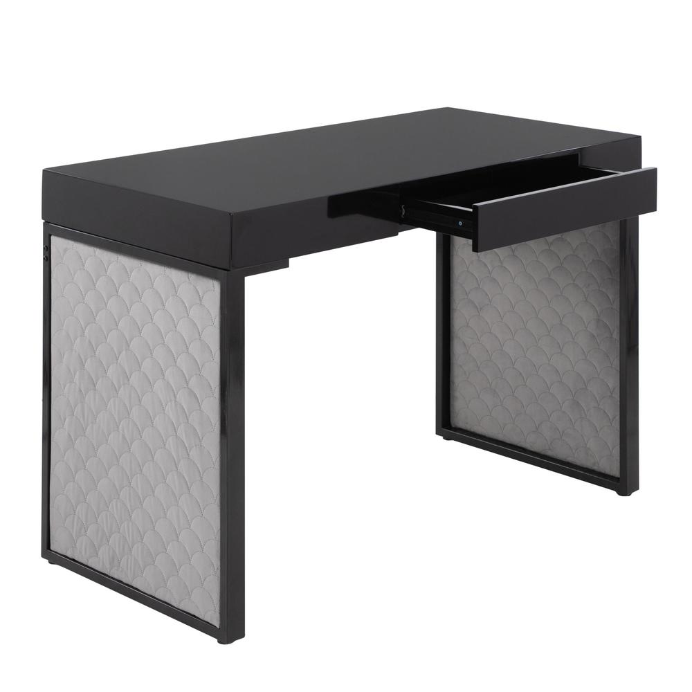 Black Steel, Black MDF, Silver Velvet Drift Upholstered Desk. Picture 7