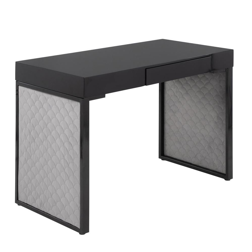 Black Steel, Black MDF, Silver Velvet Drift Upholstered Desk. Picture 1