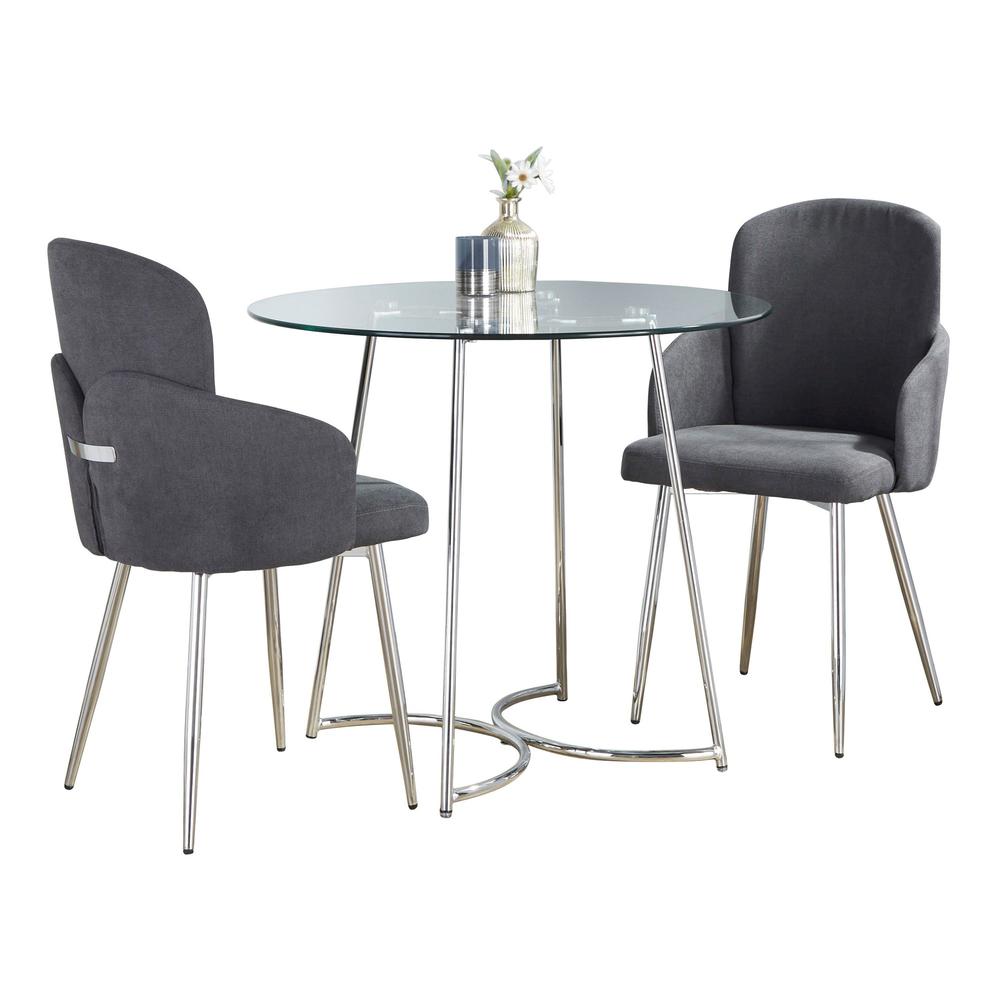 Chrome Metal, Clear Glass, Grey Fabric Cece-Dahlia Dining Set - 3 Piece. Picture 1