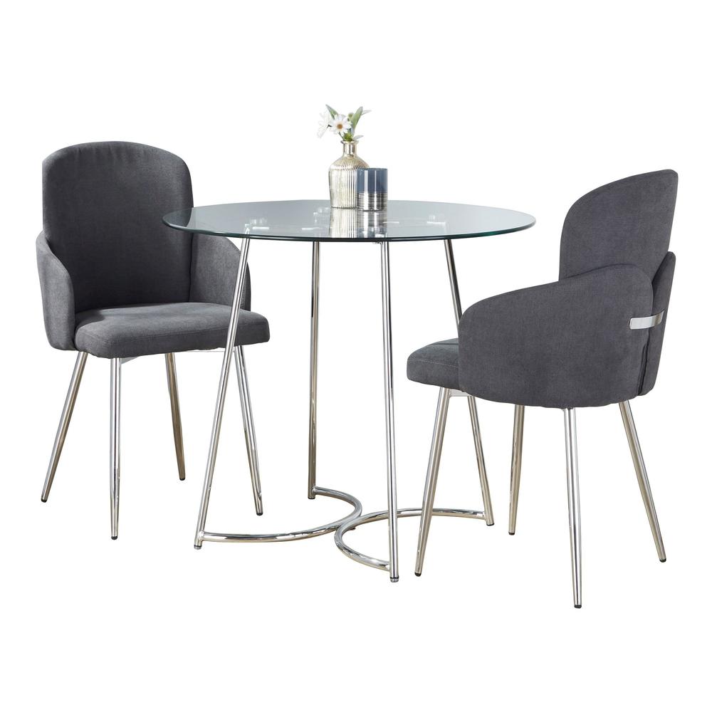 Chrome Metal, Clear Glass, Grey Fabric Cece-Dahlia Dining Set - 3 Piece. Picture 2