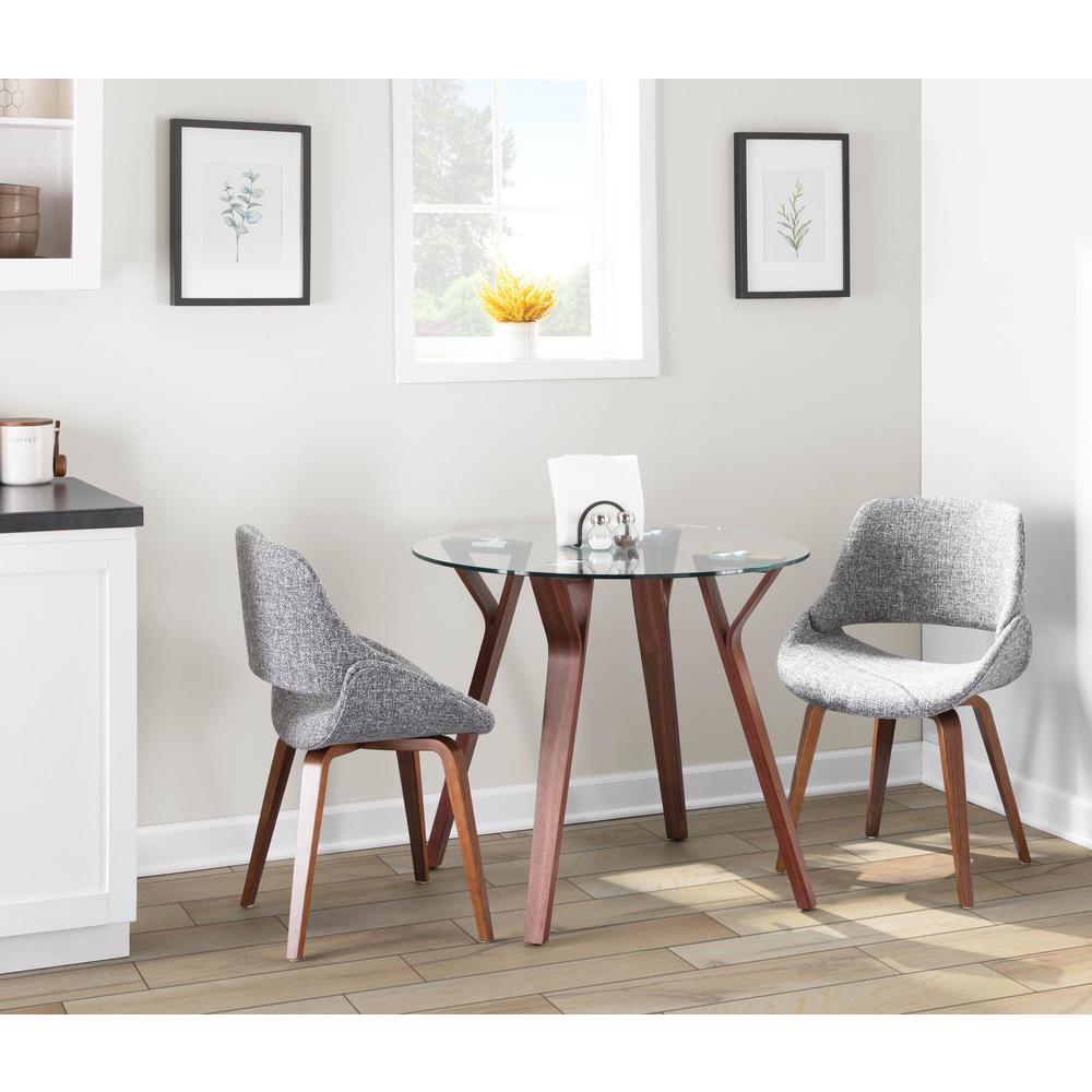 Walnut Wood, Clear Glass, Grey Fabric Folia Round Fabrico Dining Set - 3 Piece. Picture 3