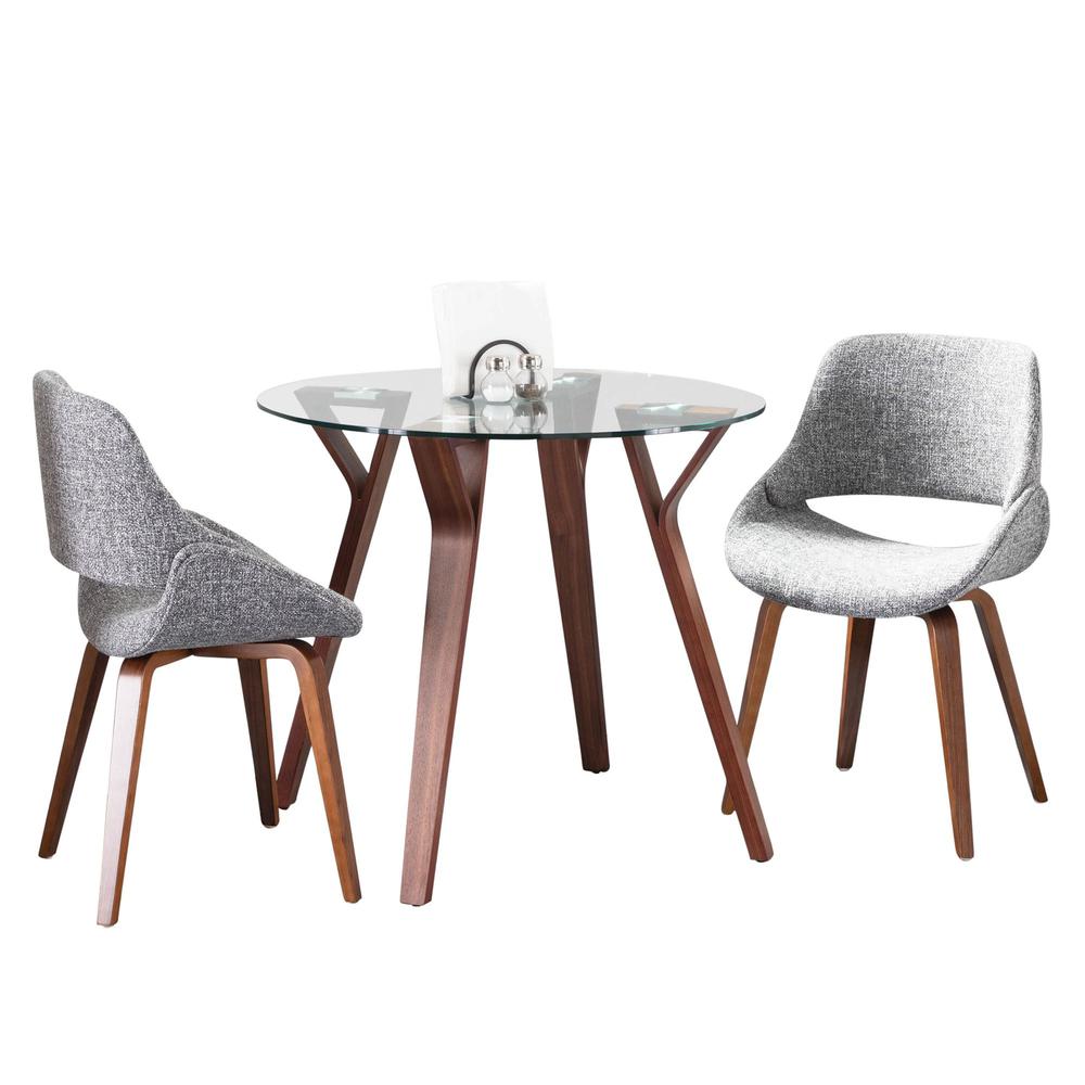 Walnut Wood, Clear Glass, Grey Fabric Folia Round Fabrico Dining Set - 3 Piece. Picture 1