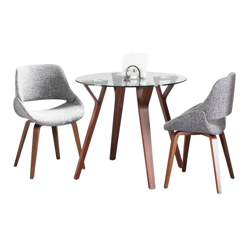 Walnut Wood, Clear Glass, Grey Fabric Folia Round Fabrico Dining Set - 3 Piece. Picture 2
