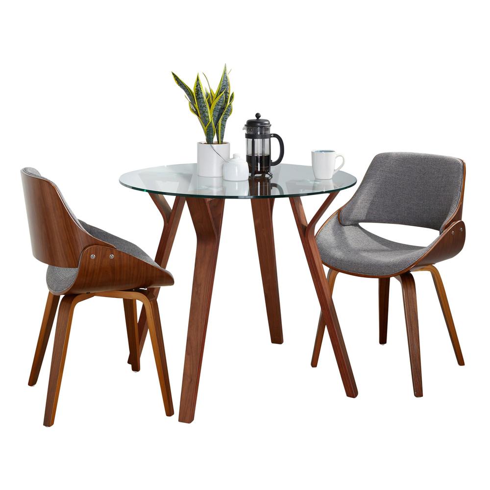 Walnut Wood, Clear Glass, Grey Fabric Folia Round Fabrizzi Dining Set - 3 Piece. Picture 1