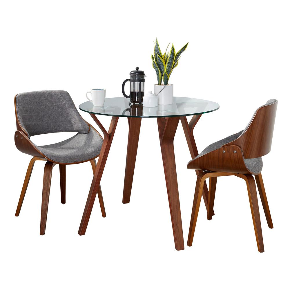 Walnut Wood, Clear Glass, Grey Fabric Folia Round Fabrizzi Dining Set - 3 Piece. Picture 2