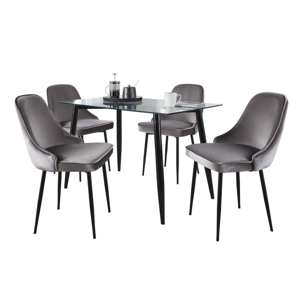 Black Metal, Clear Glass, Silver Velvet Clara-Marcel Dining Set - 5 Piece. Picture 1