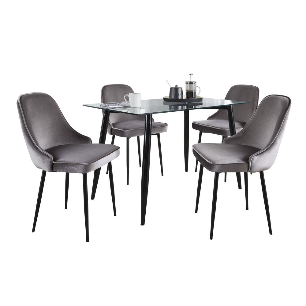 Black Metal, Clear Glass, Silver Velvet Clara-Marcel Dining Set - 5 Piece. Picture 2