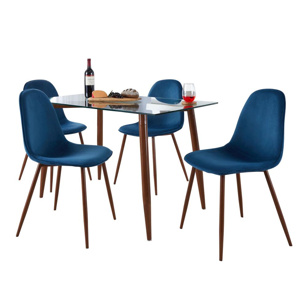 Walnut Metal, Clear Glass, Blue Velvet Clara-Pebble Dining Set - 5 Piece. Picture 1