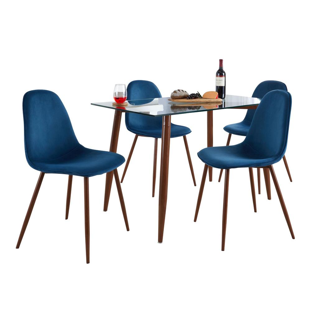 Walnut Metal, Clear Glass, Blue Velvet Clara-Pebble Dining Set - 5 Piece. Picture 2