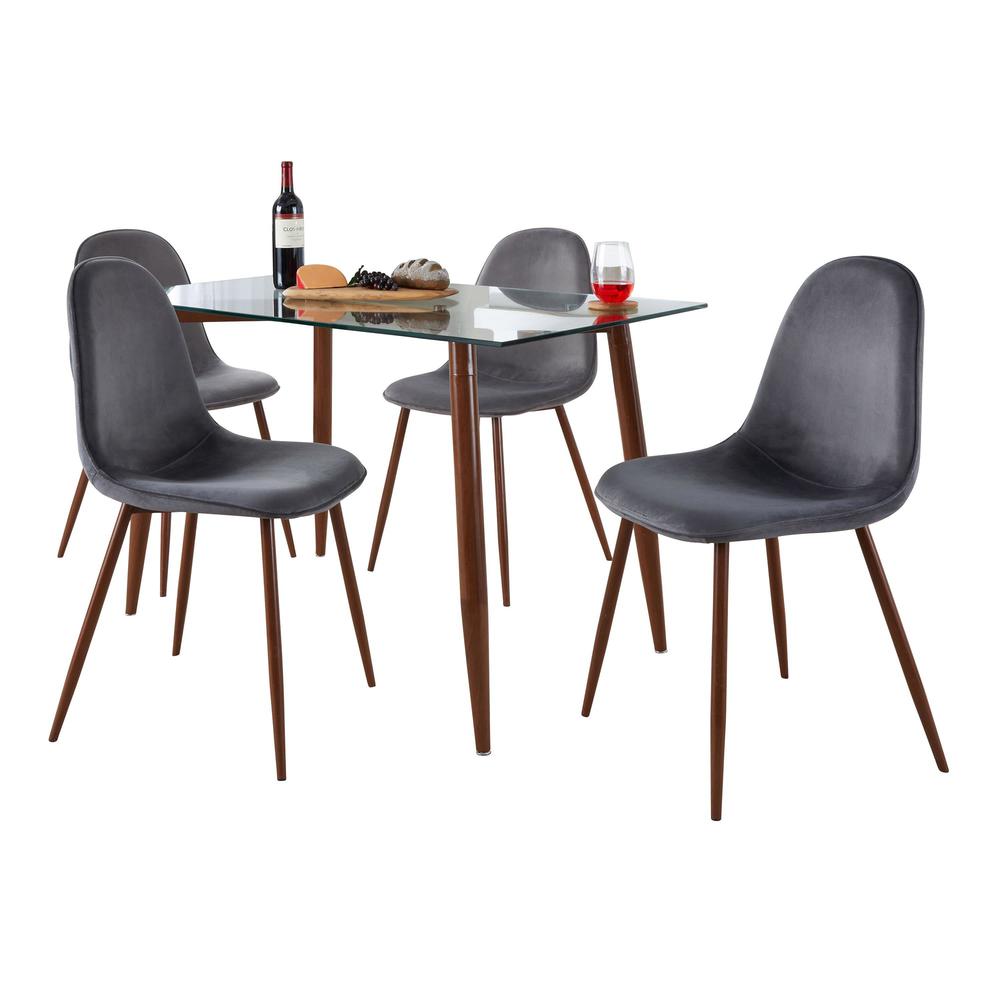 Walnut Metal, Clear Glass, Grey Velvet Clara-Pebble Dining Set - 5 Piece. Picture 1