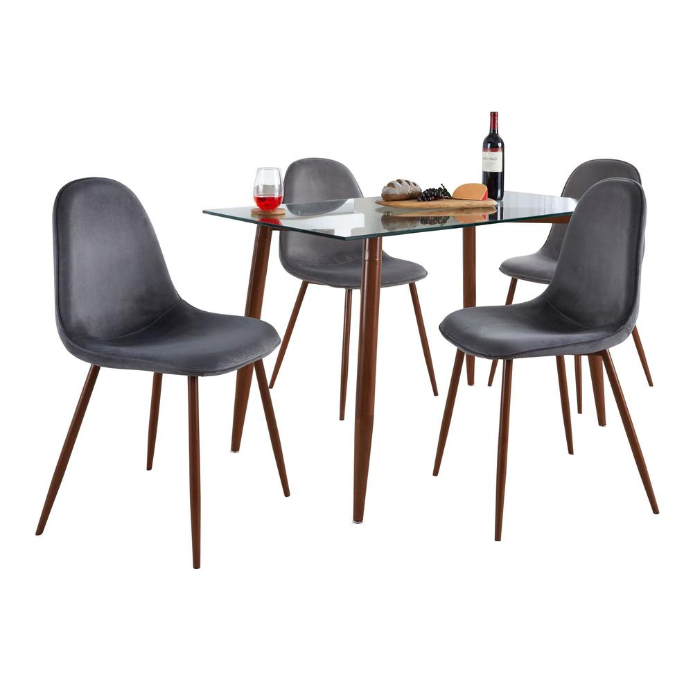 Walnut Metal, Clear Glass, Grey Velvet Clara-Pebble Dining Set - 5 Piece. Picture 2