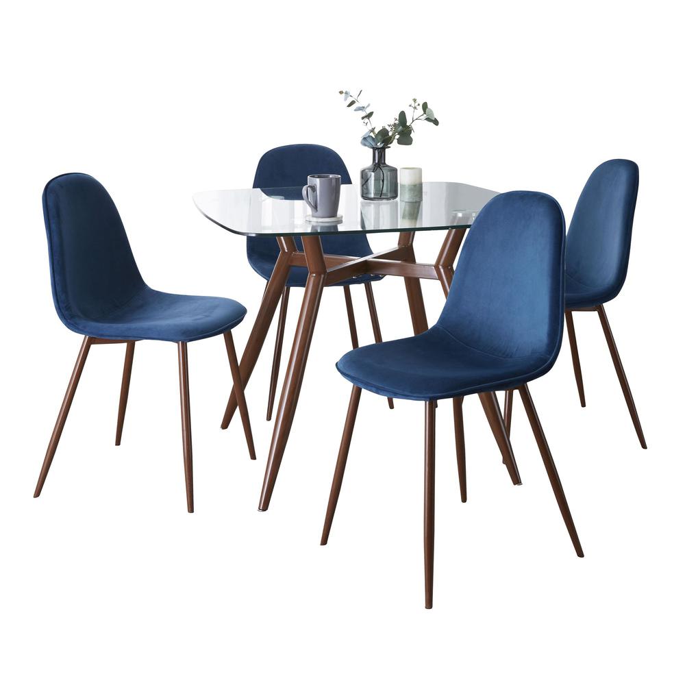 Walnut Metal, Clear Glass, Blue Velvet Clara-Pebble Square Dining Set - 5 Piece. Picture 1