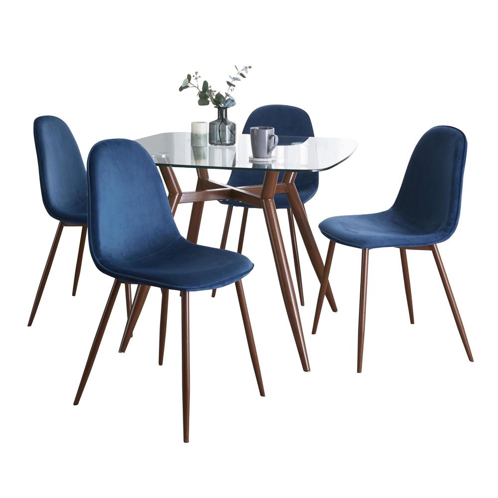 Walnut Metal, Clear Glass, Blue Velvet Clara-Pebble Square Dining Set - 5 Piece. Picture 2