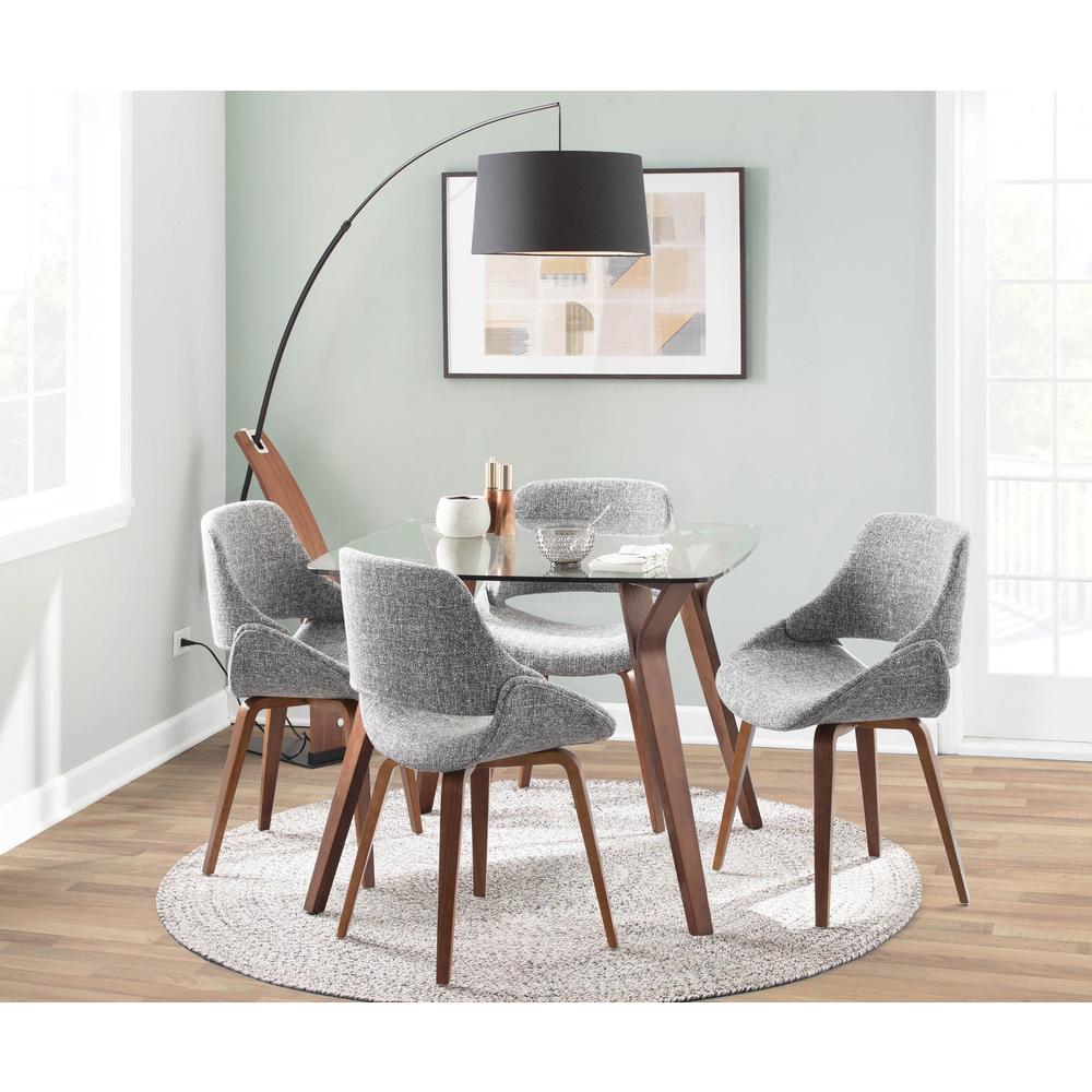 Walnut Wood, Clear Glass, Grey Fabric Folia Square Fabrico Dining Set - 5 Piece. Picture 3