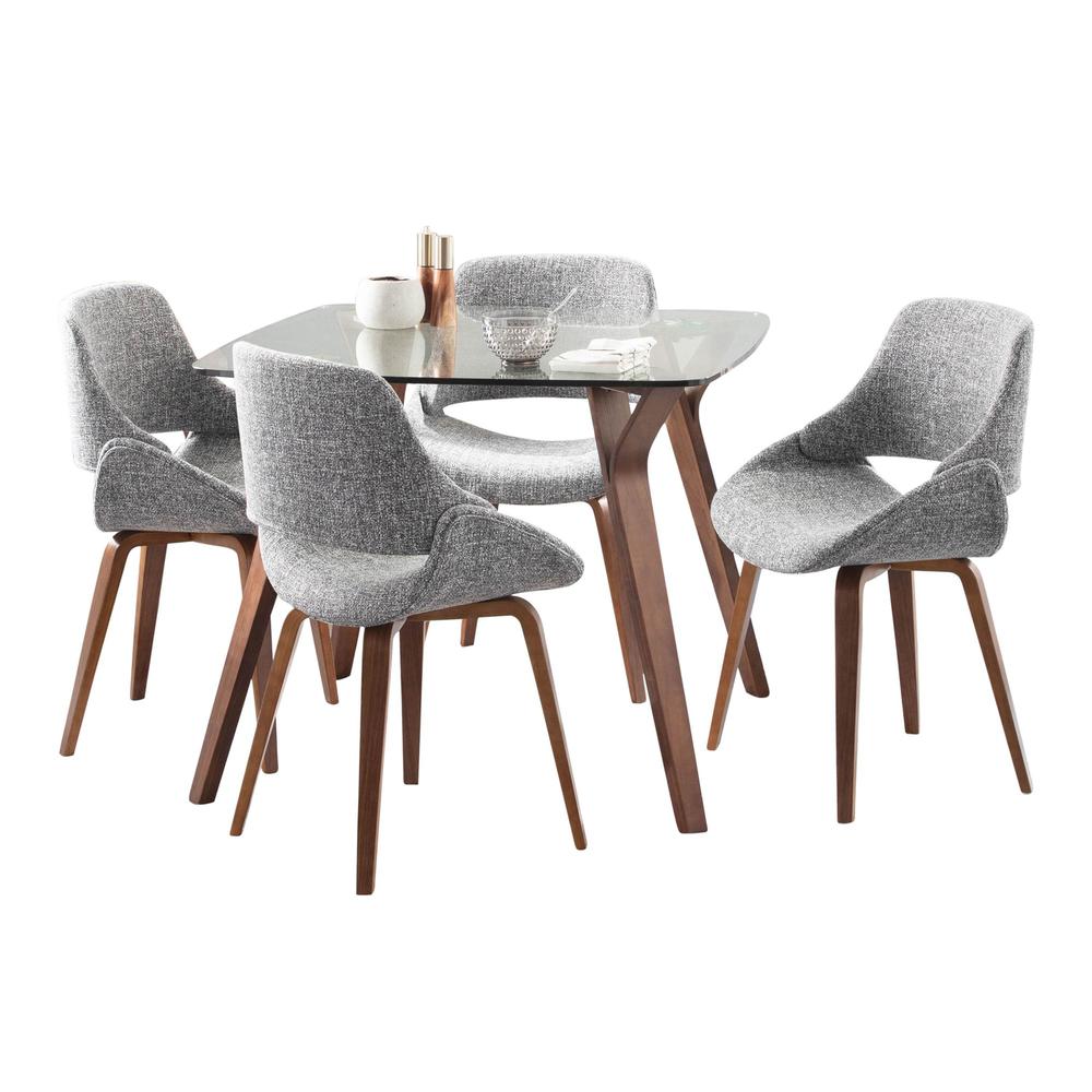 Walnut Wood, Clear Glass, Grey Fabric Folia Square Fabrico Dining Set - 5 Piece. Picture 1