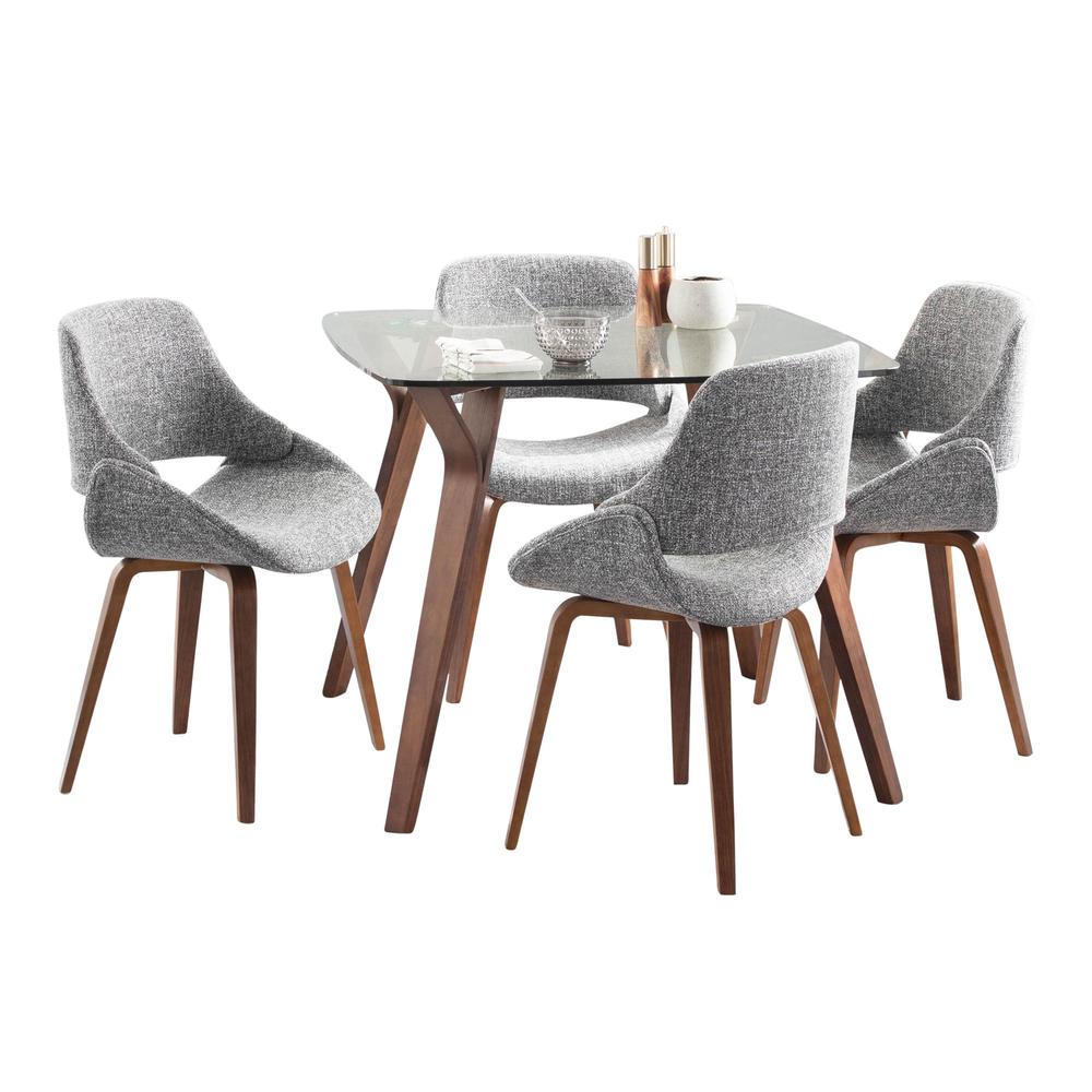 Walnut Wood, Clear Glass, Grey Fabric Folia Square Fabrico Dining Set - 5 Piece. Picture 2