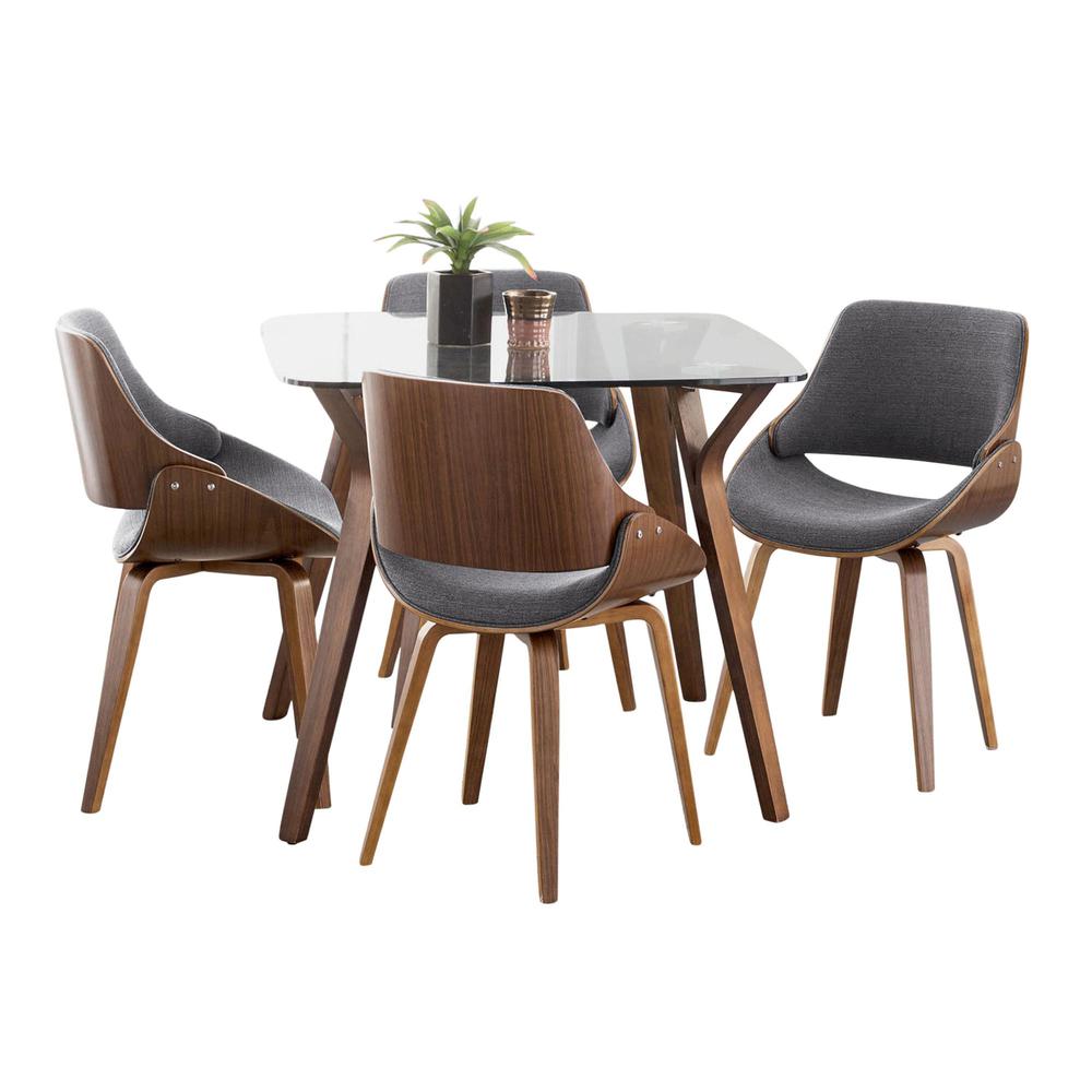 Walnut Wood, Clear Glass, Grey Fabric Folia Square Fabrizzi Dining Set - 5 Piece. Picture 1