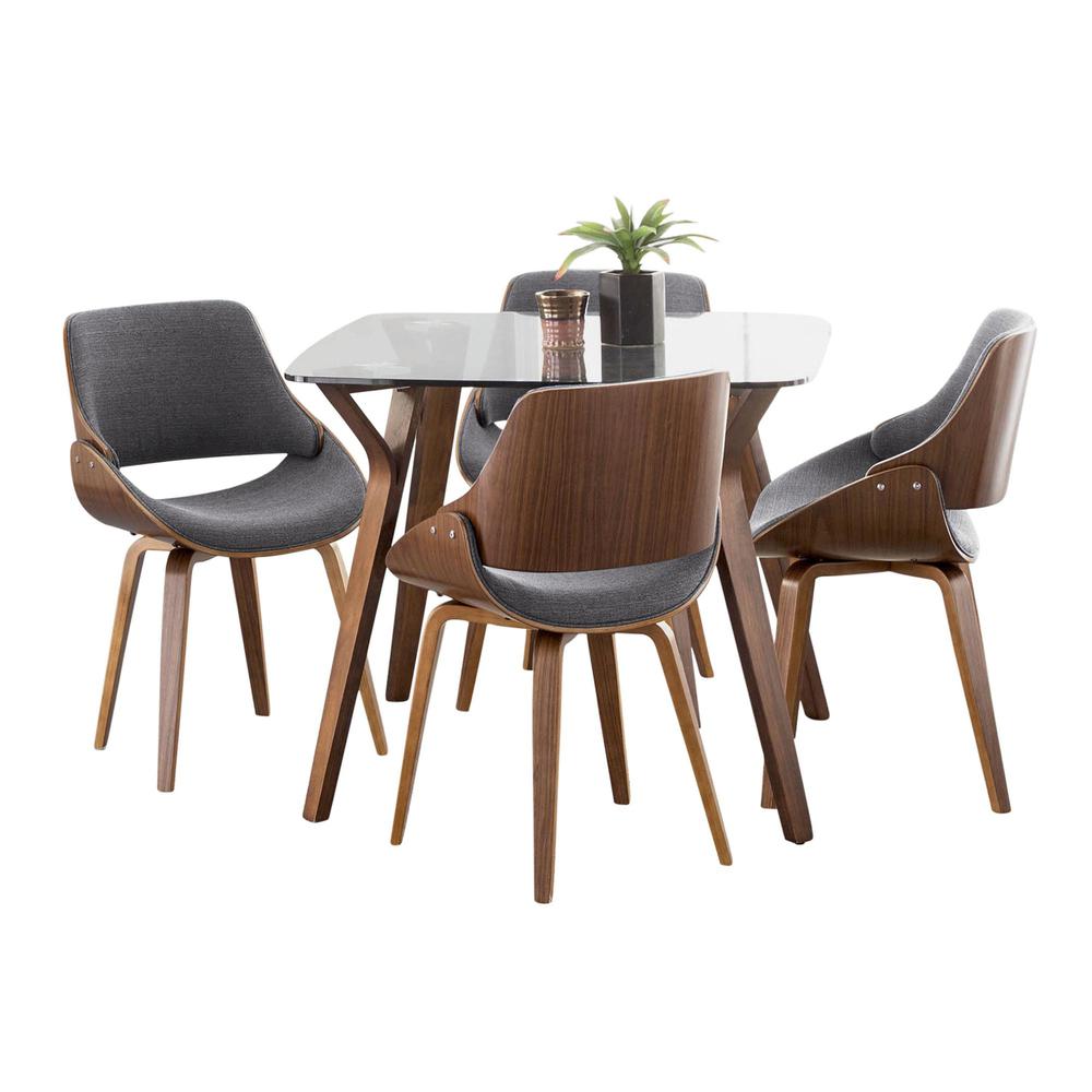 Walnut Wood, Clear Glass, Grey Fabric Folia Square Fabrizzi Dining Set - 5 Piece. Picture 2