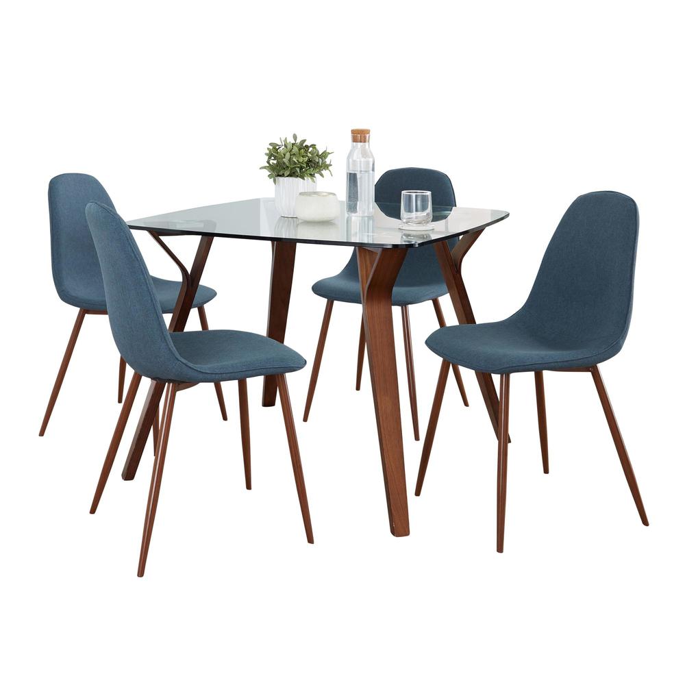 Walnut Wood, Clear Glass, Grey Fabric Folia Square Pebble Dining Set - 5 Piece. Picture 2