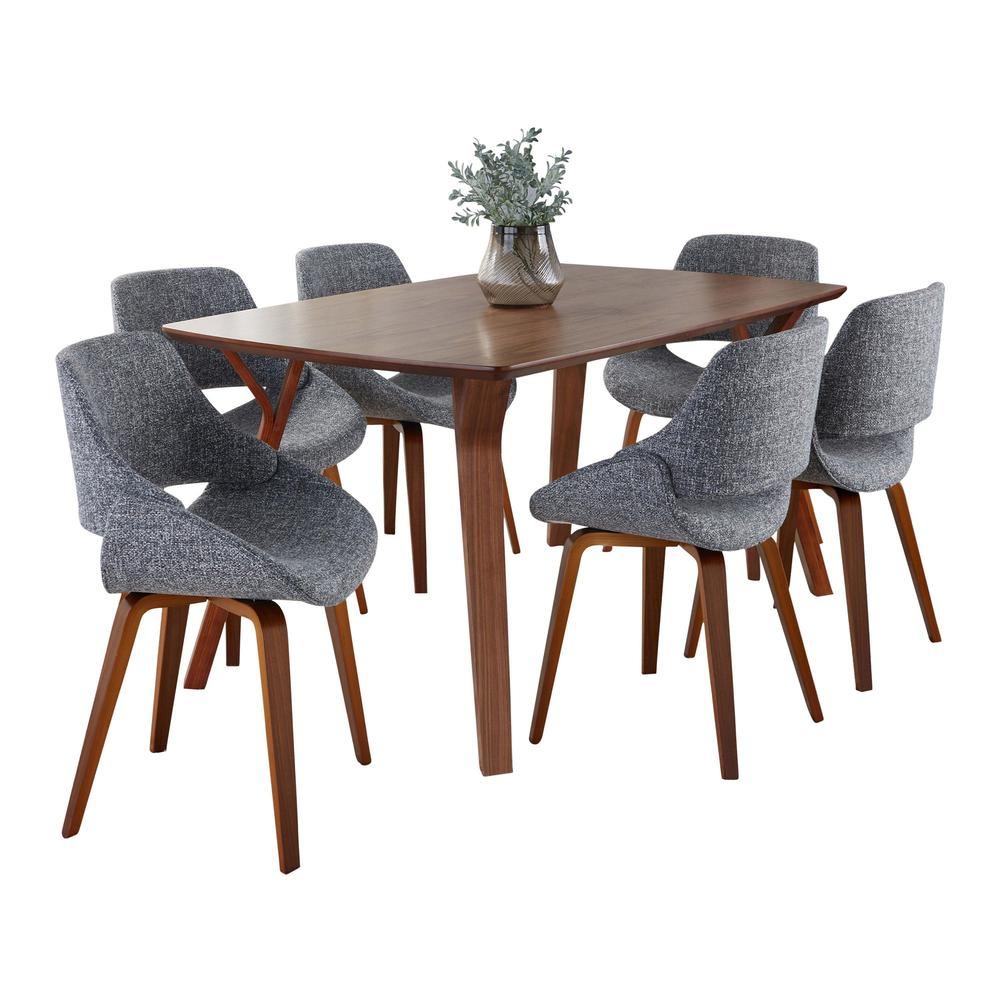 Walnut Wood, Grey Noise Fabric Folia Fabrico Dining Set - 7 Piece. Picture 2