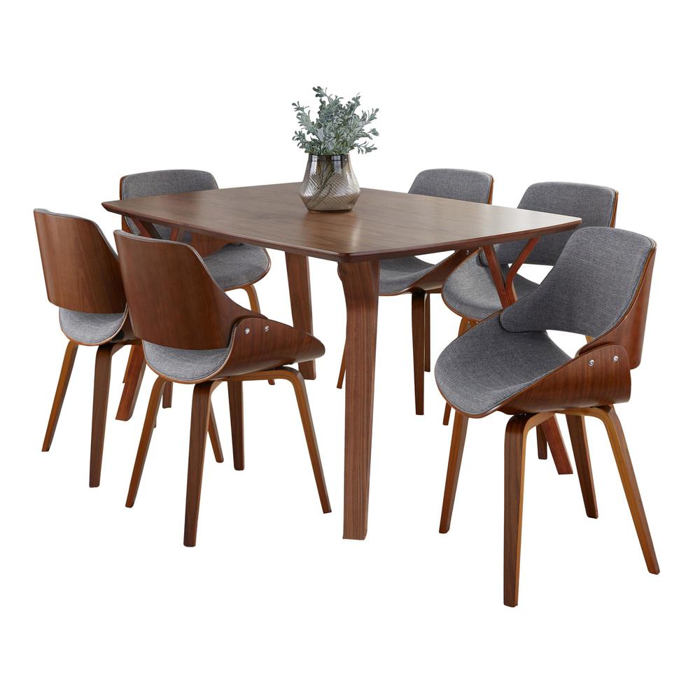 Walnut Wood, Grey Fabric Folia Fabrizzi Dining Set - 7 Piece. Picture 1