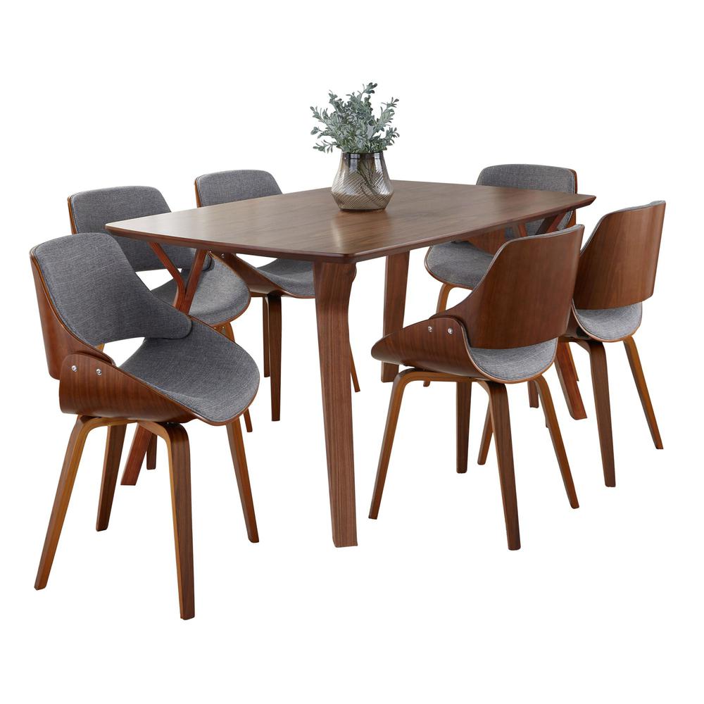 Walnut Wood, Grey Fabric Folia Fabrizzi Dining Set - 7 Piece. Picture 2