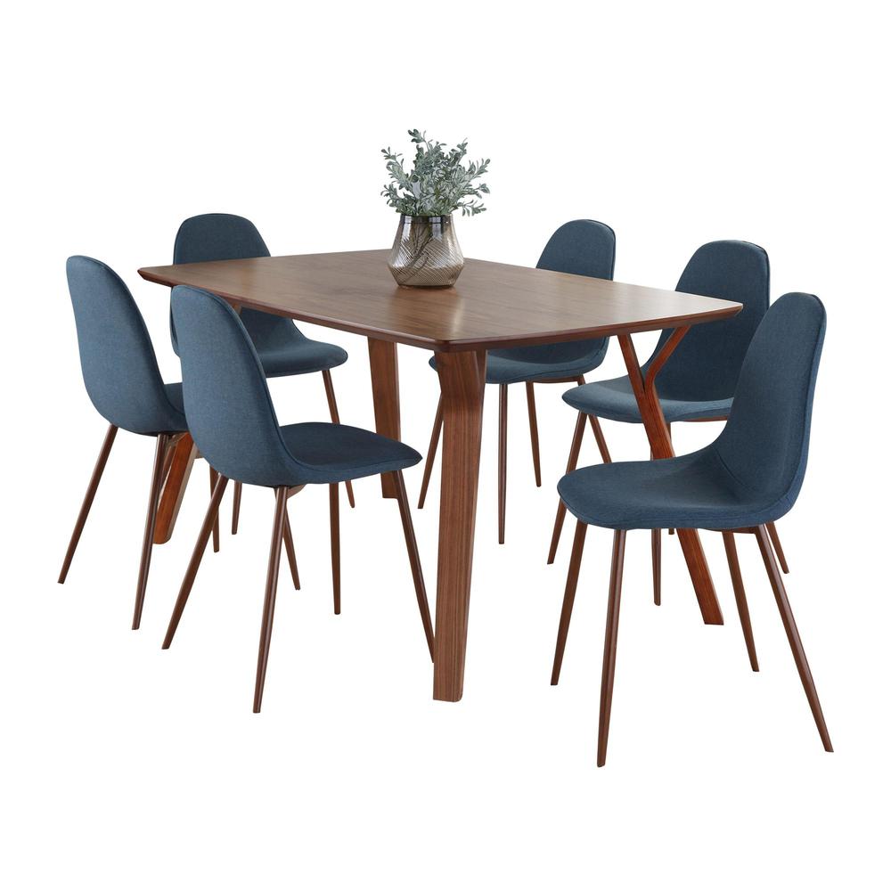 Walnut Wood, Walnut Metal, Blue Fabric Folia Pebble Dining Set - 7 Piece. Picture 1