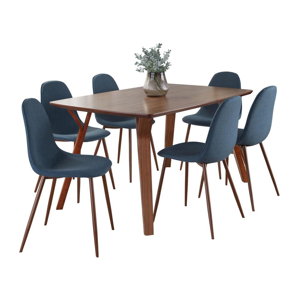 Walnut Wood, Walnut Metal, Blue Fabric Folia Pebble Dining Set - 7 Piece. Picture 2