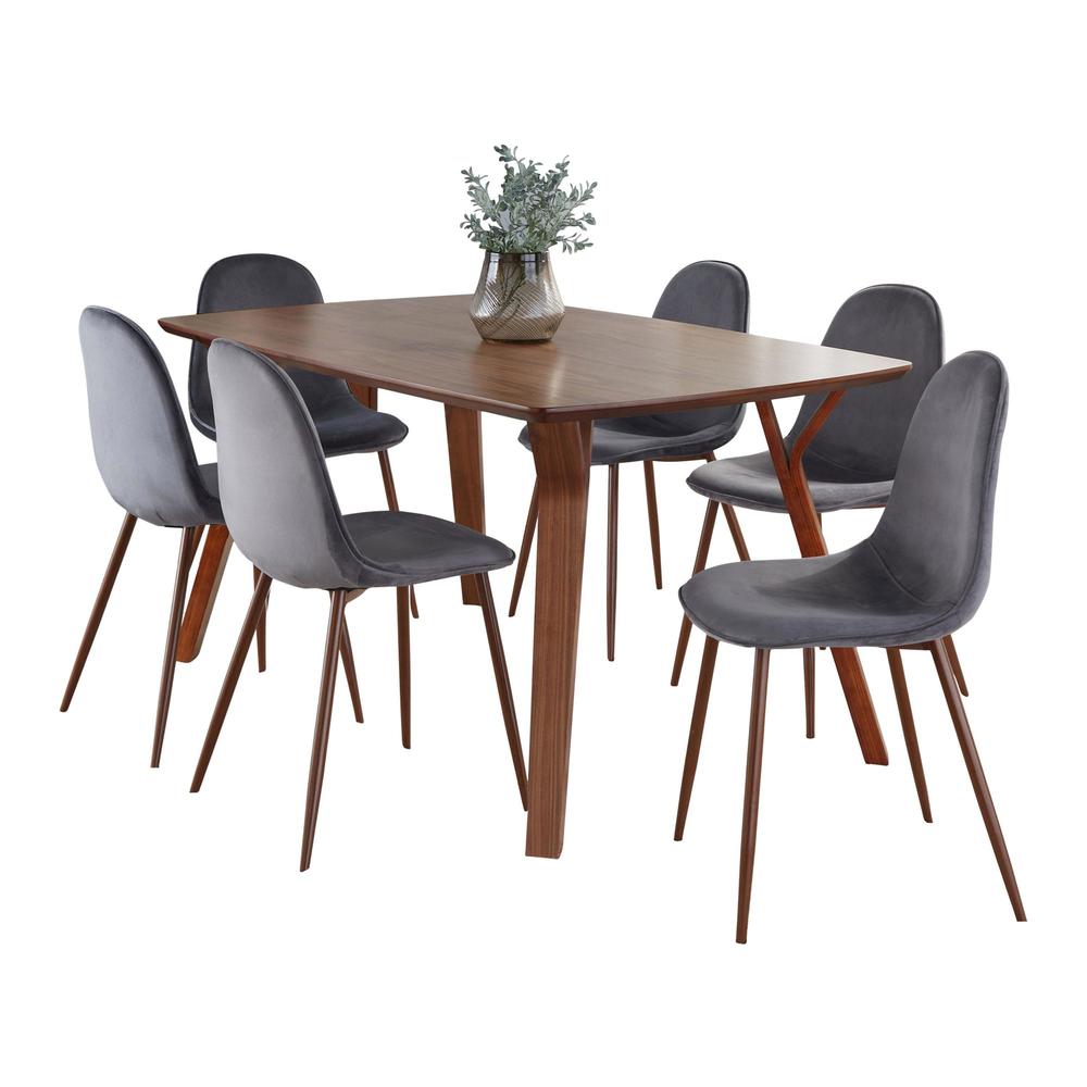 Walnut Wood, Walnut Metal, Grey Velvet Folia Pebble Dining Set - 7 Piece. Picture 1