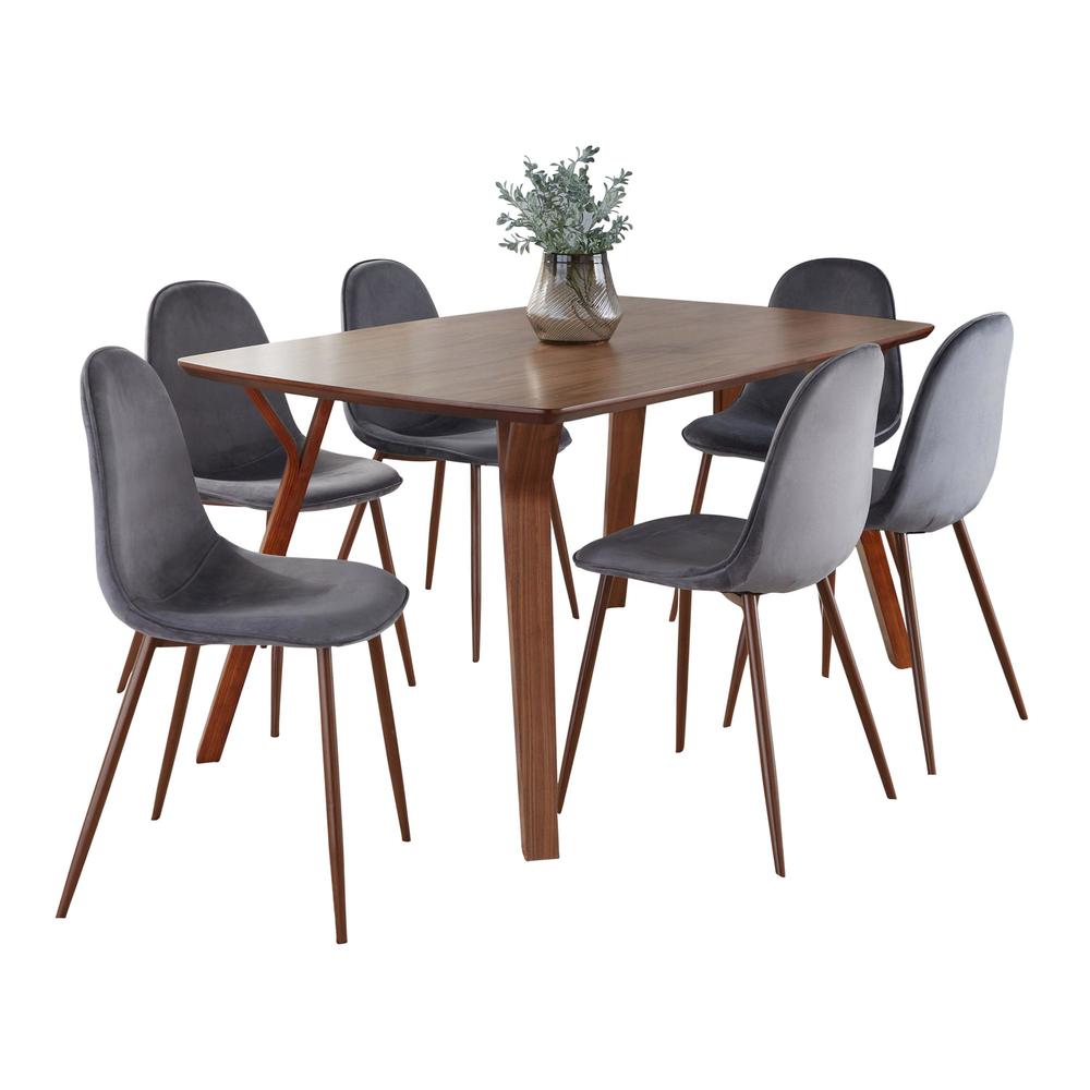 Walnut Wood, Walnut Metal, Grey Velvet Folia Pebble Dining Set - 7 Piece. Picture 2