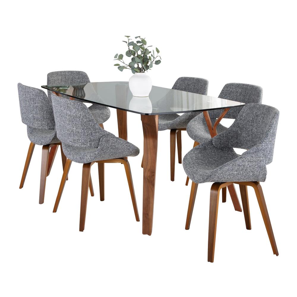Walnut Wood, Clear Glass, Grey Fabric Folia Fabrico Dining Set - 7 Piece. Picture 1