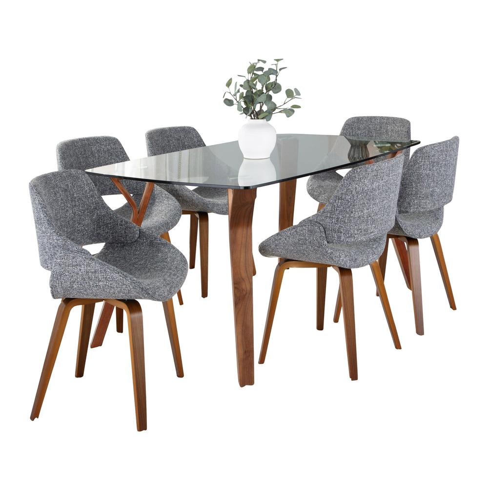 Walnut Wood, Clear Glass, Grey Fabric Folia Fabrico Dining Set - 7 Piece. Picture 2