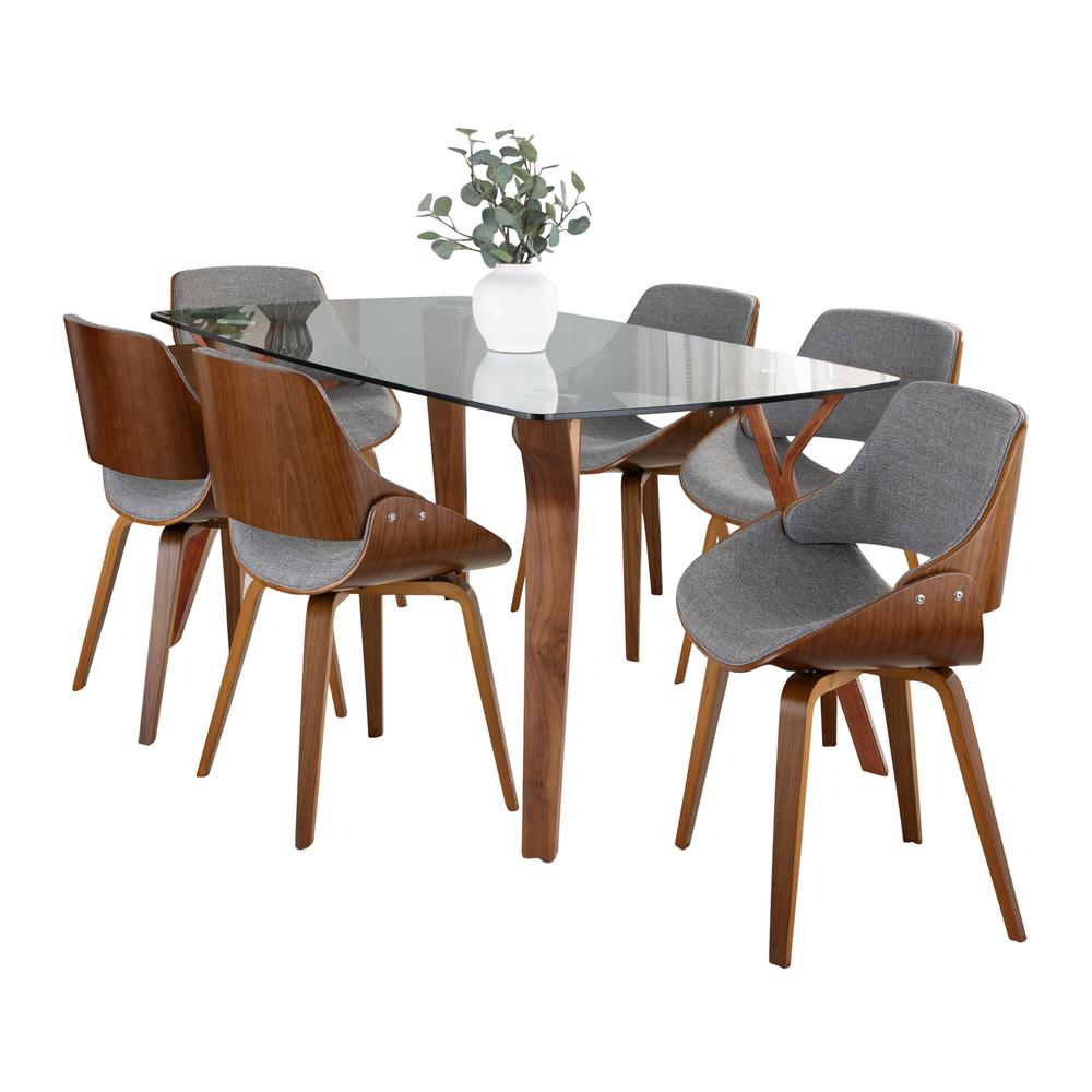 Walnut Wood, Clear Glass, Grey Fabric Folia Fabrizzi Dining Set - 7 Piece. Picture 1